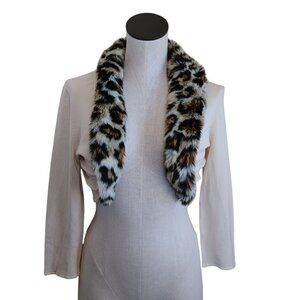 White House Black Market Sweater Ivory Cropped Cardigan Leopard‎ Fur Collar Med